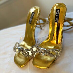 Molozoey Gold Stilettos with Crystal Straps Size 8